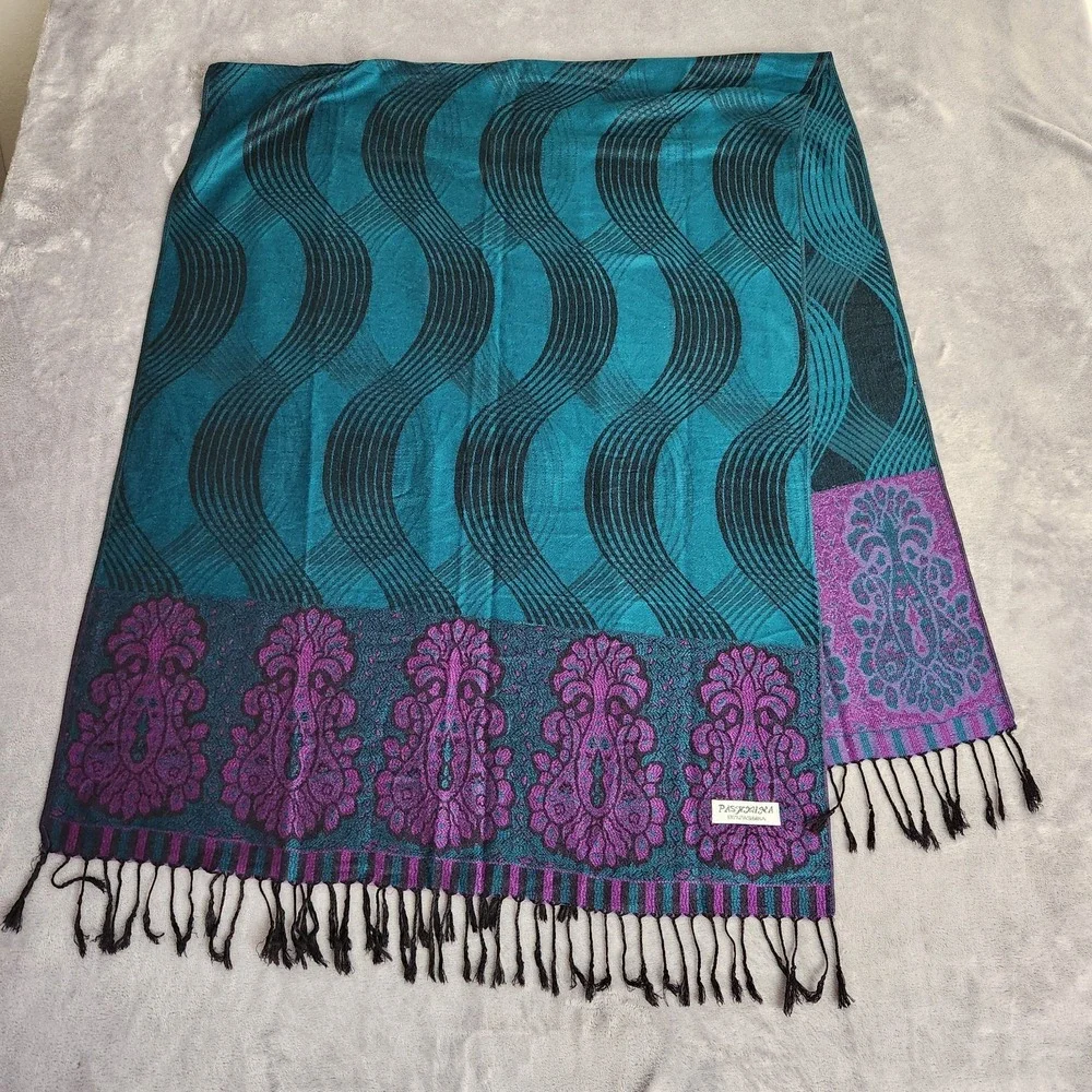 100% Pashmina Shawl Scarf Teal Purple Paisley Wave Pattern Fringed Festival Rave